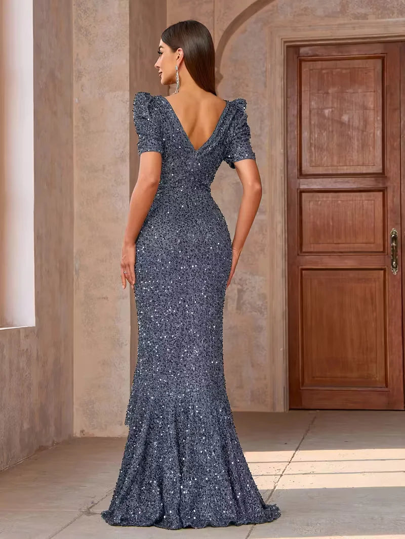Miami Elegant Sequin Evening Gown Stunning Long Ruched Maxi Dress