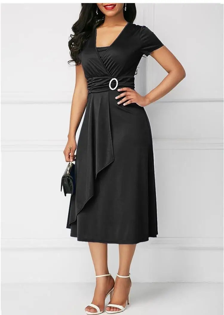 Seattle Solid Color Short Sleeve V Neck Asymmetric Hem Waist Midi Party Dress