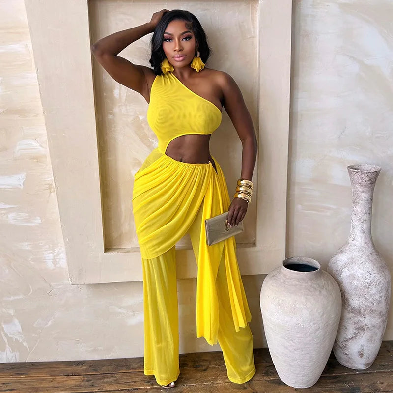 Alabama Mesh See Through One Shoulder Cutout Waist Jumpsuit Draped Overlay