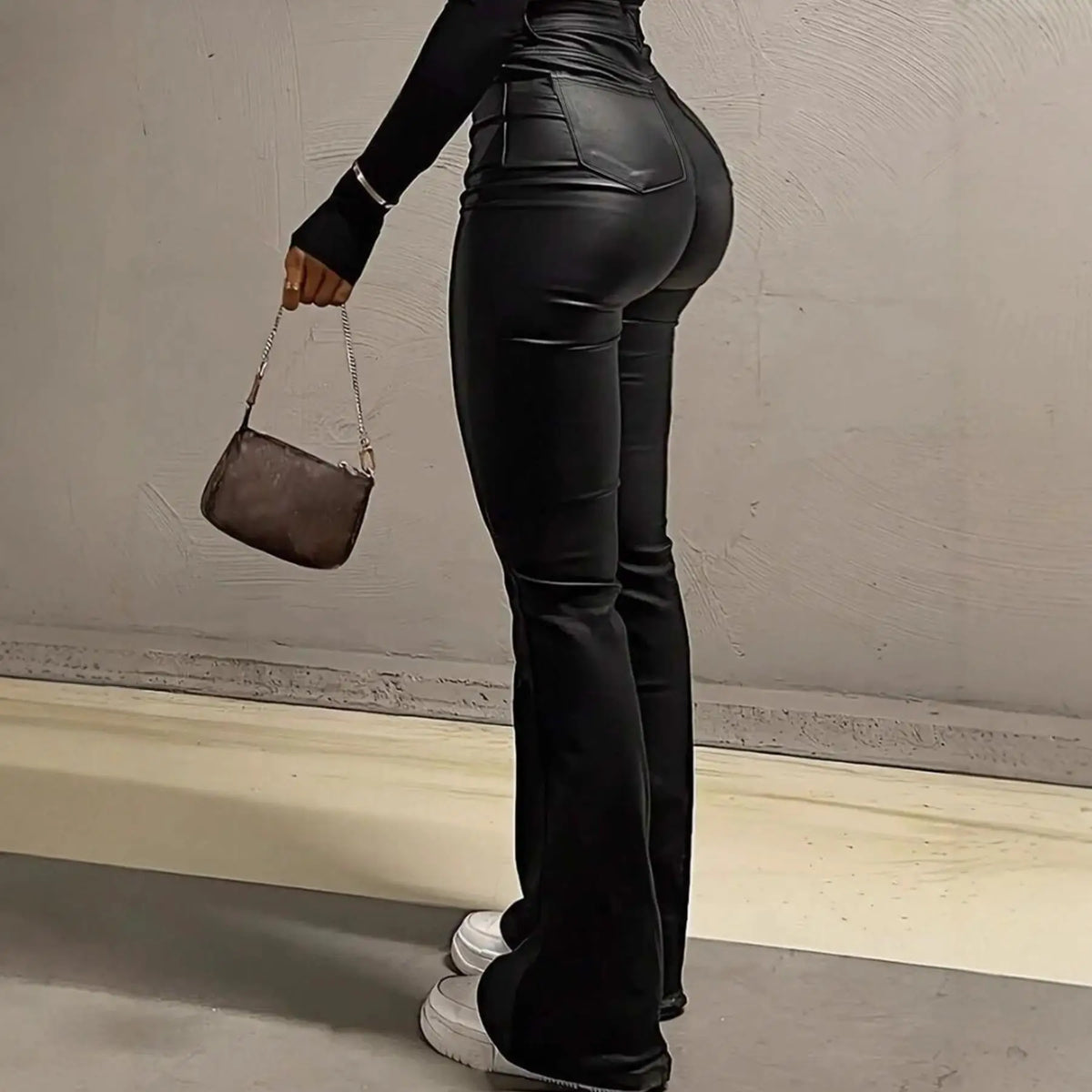 Liboa High Waist Slimming PU Leather Micro Flared Dragging Ground Casual Pants