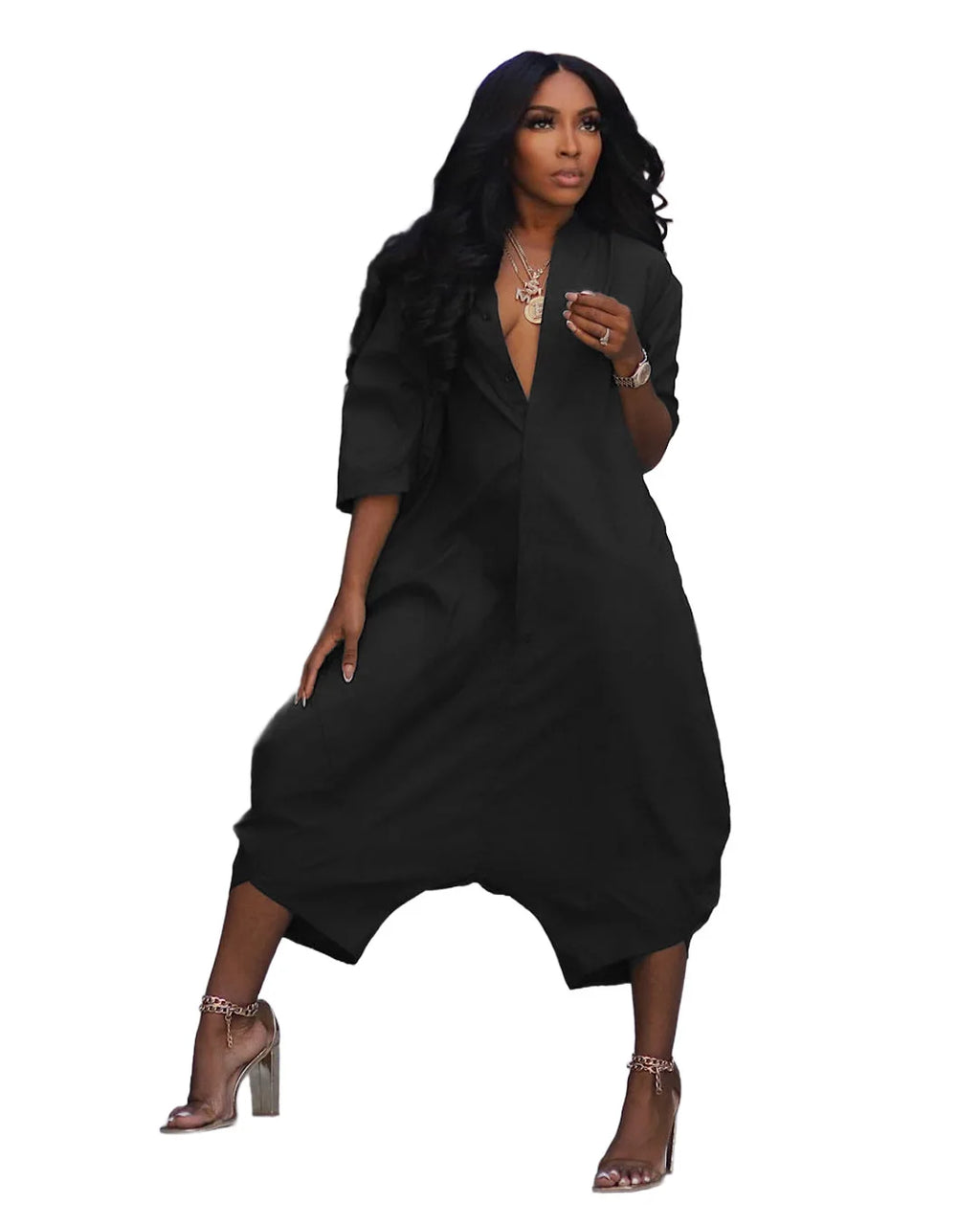 Women Plus Size Jumpsuit Business Casual Black Pocket Harem Rompers Single
