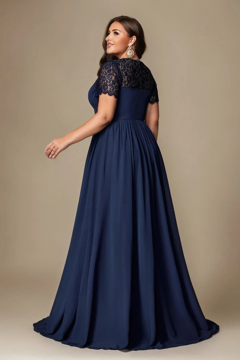 Paterson Plus Size A Line Lace Short Sleeved Formal Evening Gown Sheer High-Waisted Maxi Dress