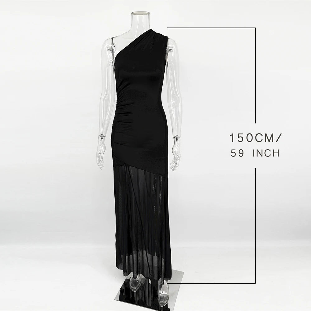 Helmetta Off Shoulder See Through Solid High Waist Patchwork Backless Slim Long Dress