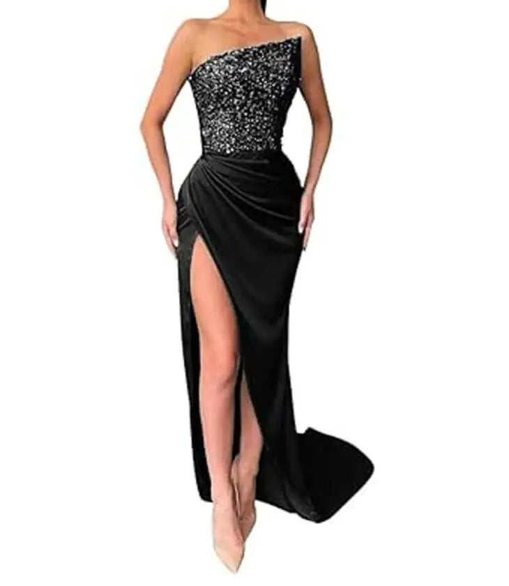 Lakewood New Sequined Sleeveless Fashion Wrapped Chest Solid Color Split Slim Fit Dress
