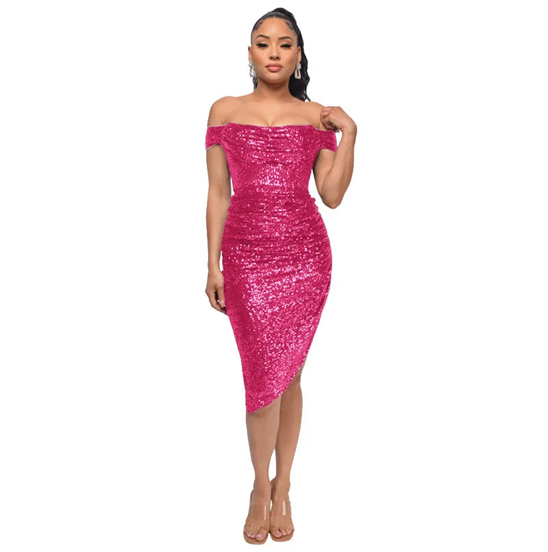 Virginia One Shoulder Bodycon Sparkly High Slit Midi Dresses