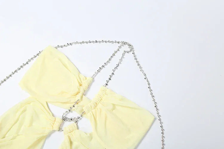 Pine Plains Sexy See Through Luxury Chain Halter Low Neck Backless Dress