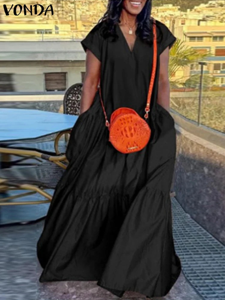 Plus Size Bohemian Sundress Solid Color Casual Short Sleeve Party Ruffled Dress