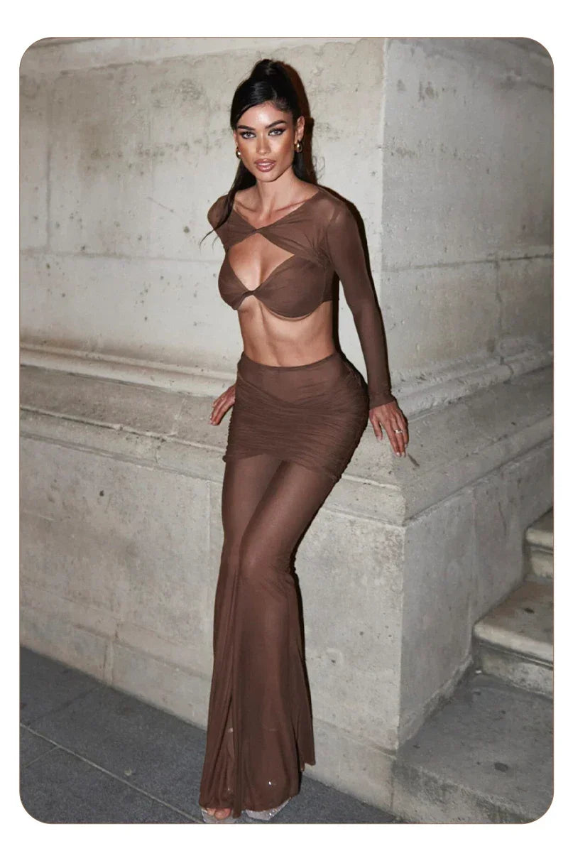 Williamsburg Mesh Fashion Street Wear Hollow Out Design Crop Set