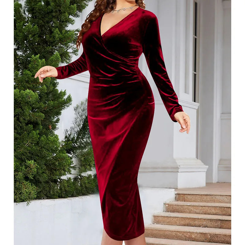 Asbury Park Elegant Velvet Plus Size Bodycon Sexy Wrapped V-Neck Long Sleeve Midi Dress