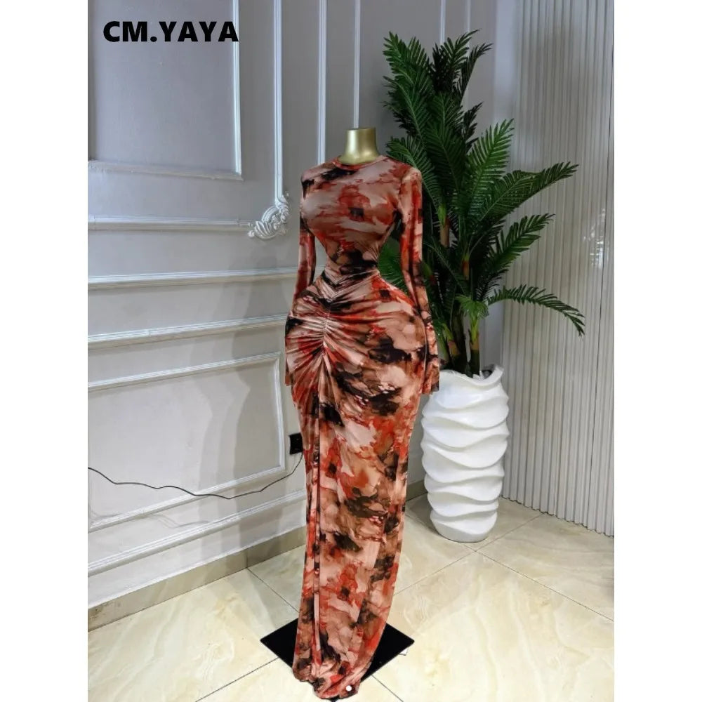 Lebanon Print O Neck Ruched Stacked Bodycon Long Maxi Dress