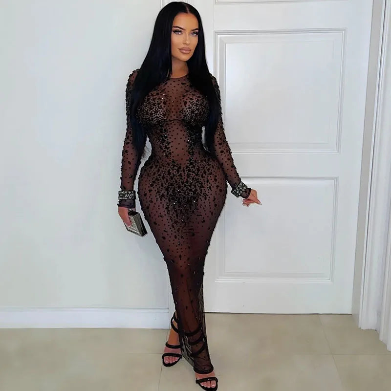 Memphis Mesh See Through Black Rhinestone Luxury Sexy Long Sleeve Bodycon Maxi Dress