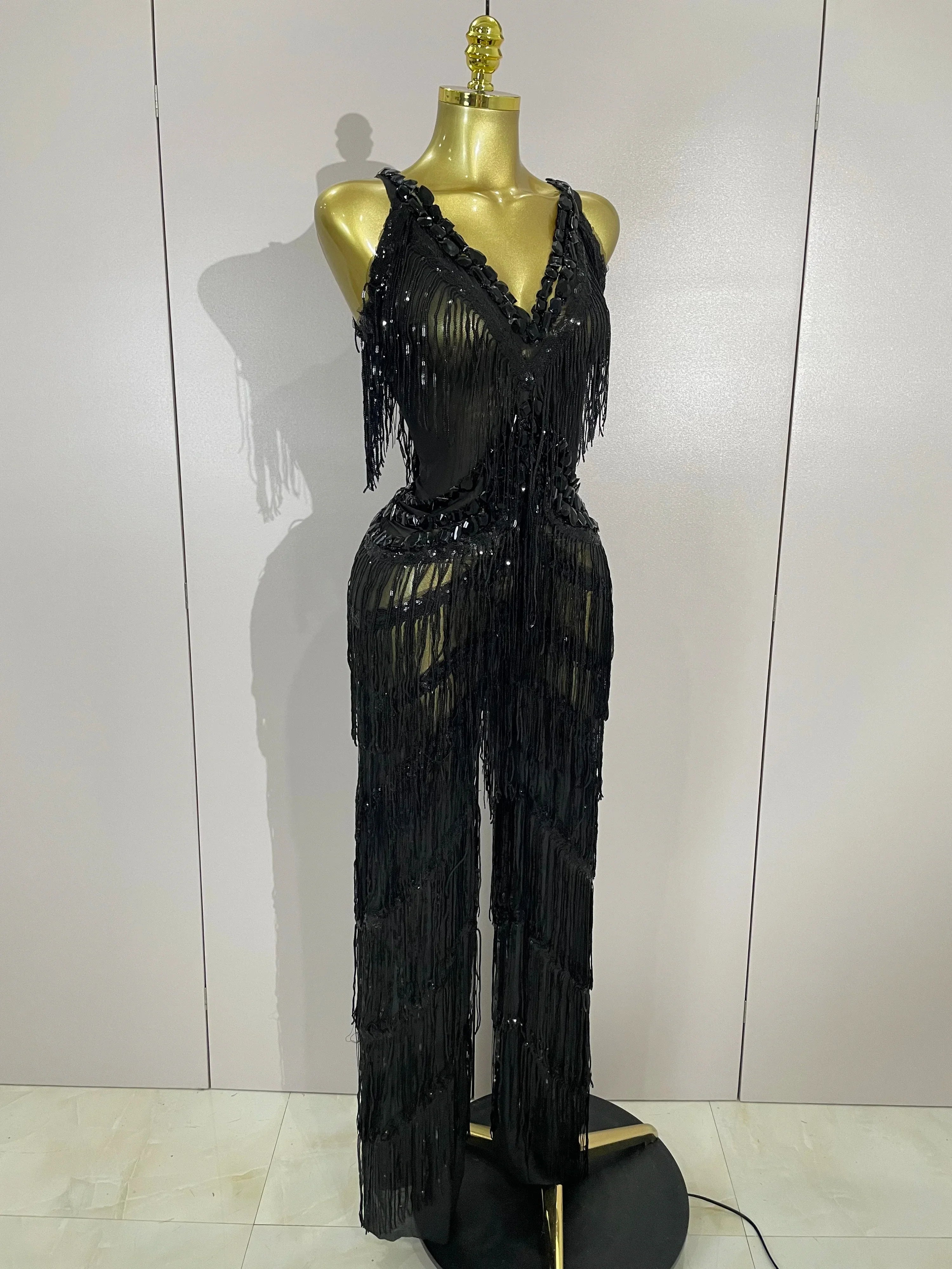 Watkin Glen Sparkly Black Rhinestones Sequined Fringe jumpsuit