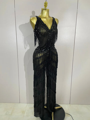 Watkin Glen Sparkly Black Rhinestones Sequined Fringe jumpsuit