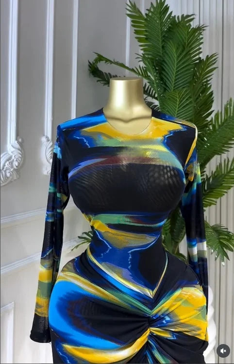 La Gloria Tie Dye Print Ruched Stacked Long Sleeve Bodycon Maxi Dress