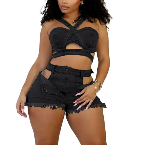 Temblant Straps Crop Cut Out Clothes Streetwear Two Piece Club Outfits Set