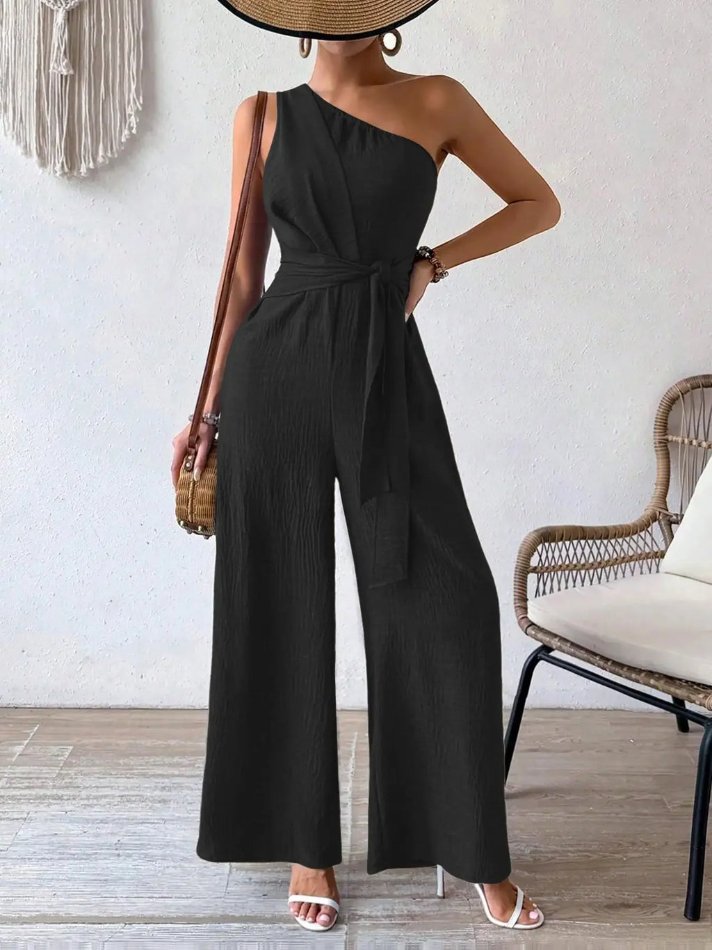 Detroit Fashion Sleeveless Diagonal Collar High Waist Lace-up Wide Leg Jumpsuits