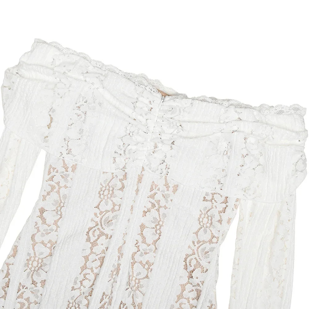 Grafton Suninheart White Evening Long Sleeve Lace Elegant Party Dress