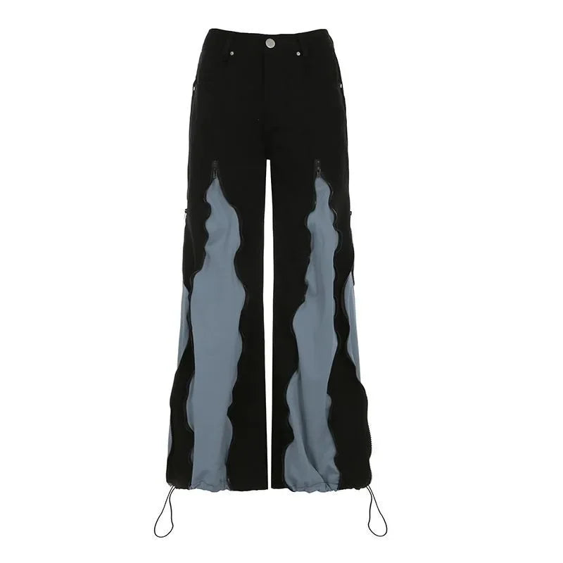 Wildwood Street Color Stitching Washed Baggy Slim Spice Girl Wide-leg Mop Jeans