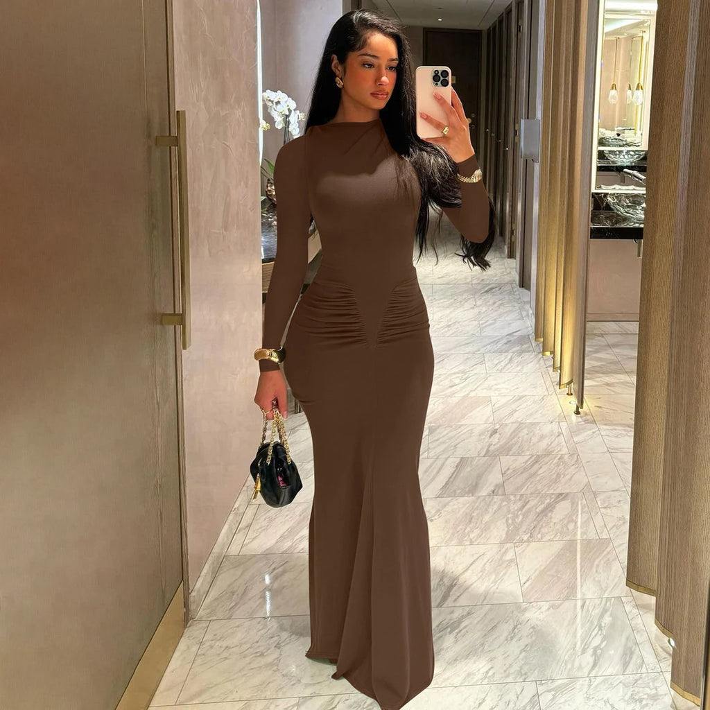Shore Beach Solid Long Sleeve Draped Sexy Bodycon Maxi Party Dress