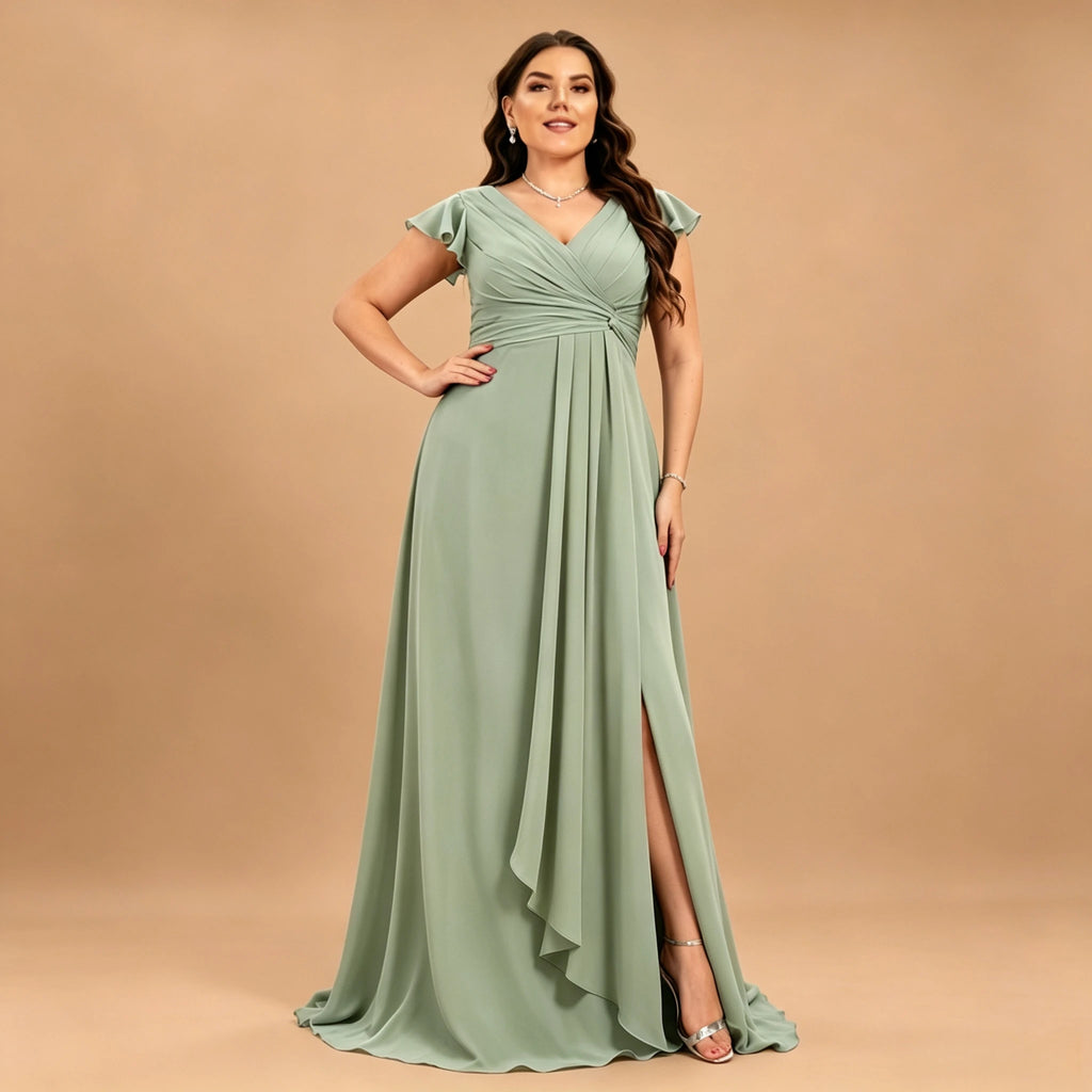 Long Island Plus Size Chiffon Evening Elegant V-Neck Ruffle Sleeve Formal Dress