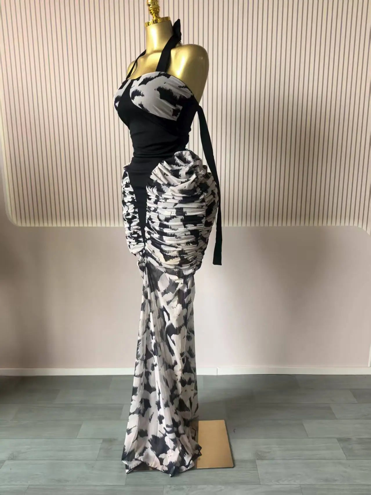 La Perla Printed Patchwork Stacked Ruched Sleeveless Bodycon Maxi Long Dress