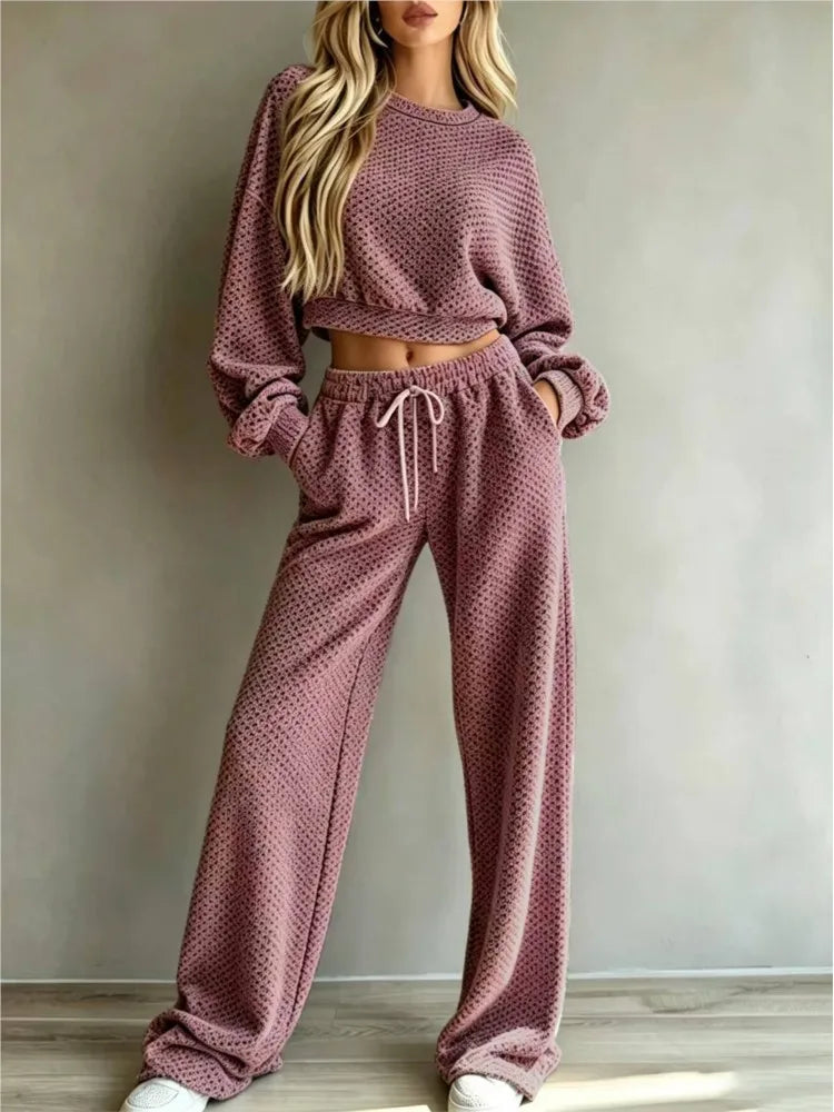 Eimy Long Sleeve Textured Lounge Wear Two Piece Sets