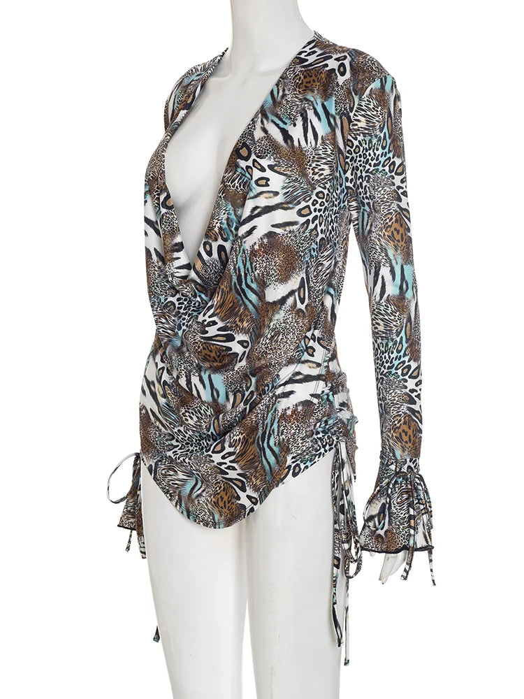 Chinatown Swing Collar Shirring Bell Sleeve Backless Sexy Stretch Leopard Print Suit