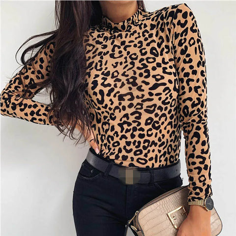 Hudson Yards Leopard Print Turtle Neck Blouse Autumn Long Sleeve Tops