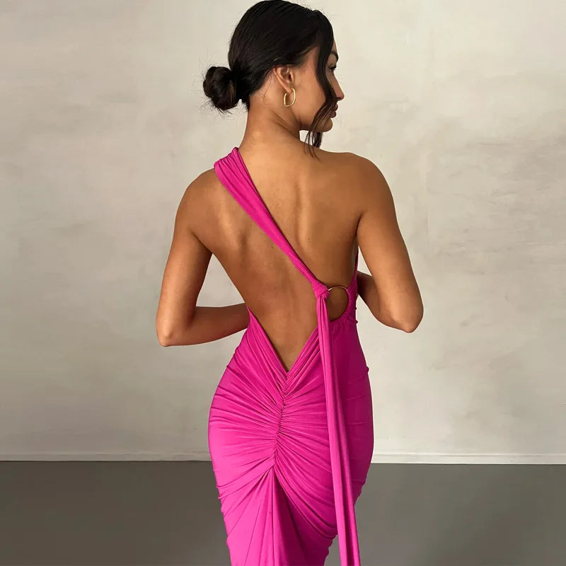 Jefferson One Shoulder Sleeveless Backless Ruched Bodycon Maxi Dress