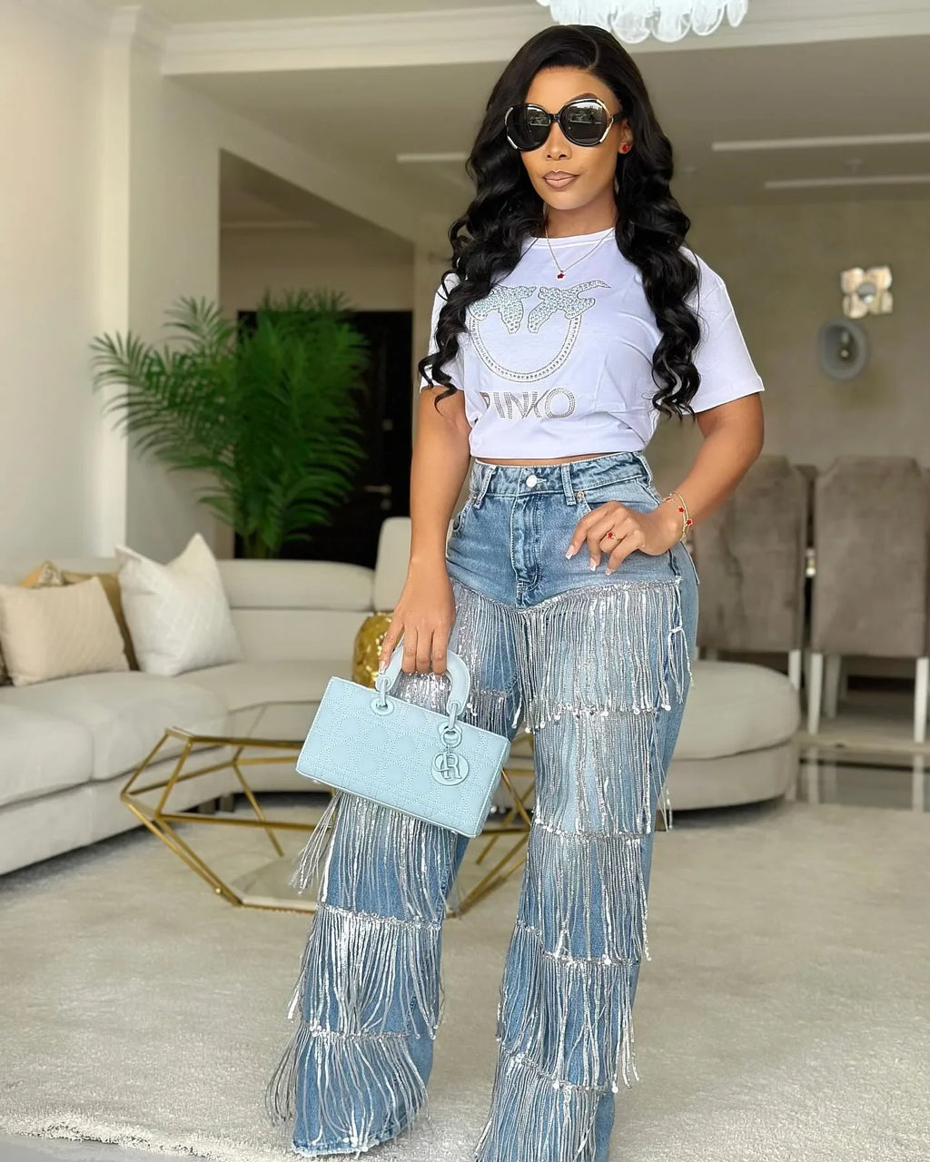 Nazareth High Waist Sequined Tassel Cargo Ripped Streetwear Jeans