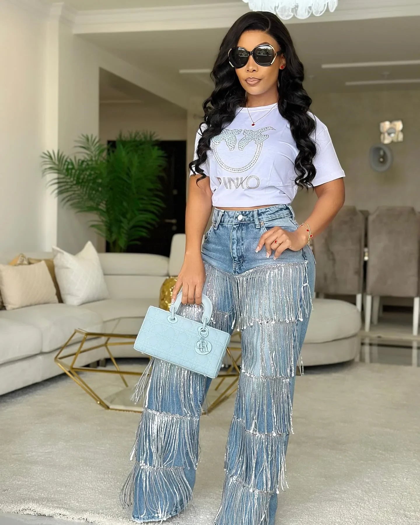 Nazareth High Waist Sequined Tassel Cargo Ripped Streetwear Jeans