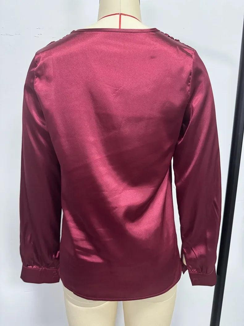 Elmer Solid Color V-Neck Long Sleeve Office Loose Elegant Blouse