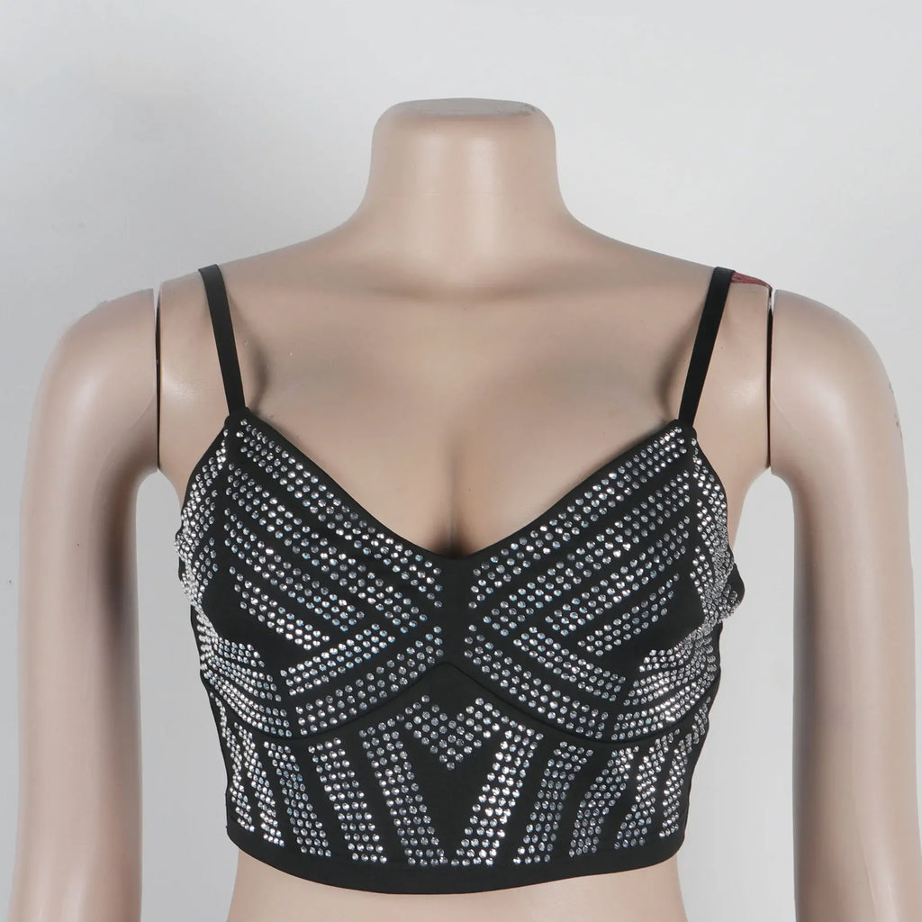 Quogue Black Rhinestone Crop Outfits Night Clubwear Matching Set