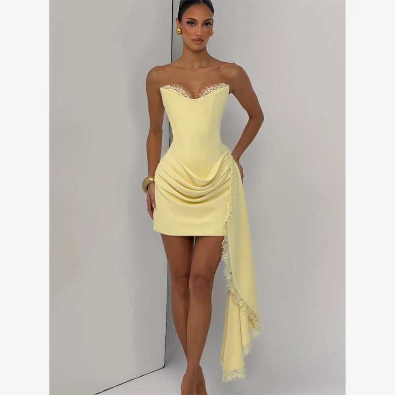 Telaby Lace Trim Patchwork Strapless Ribbon Bodycon Dress
