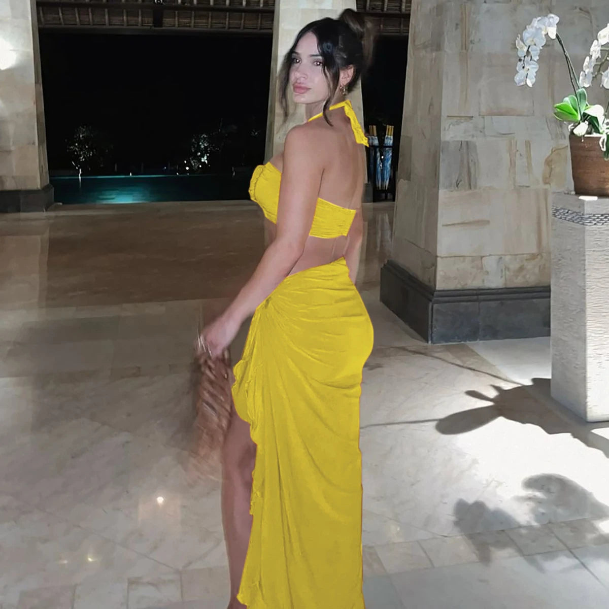 Ogdensburg Strapless Tie Flower Draped Sexy Crop Tank Slit Tassel Set