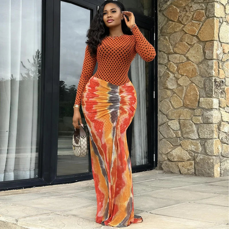 Slim Full Sleeve Dot Printed Mesh Patchwork Bodycon Long Dress