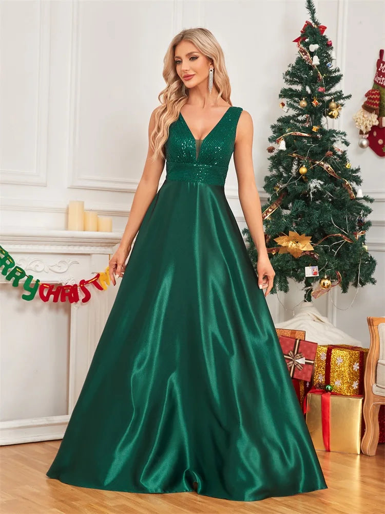 Oklahoma Elegant Sequins Evening Deep V-neck Satin Prom Party Dress
