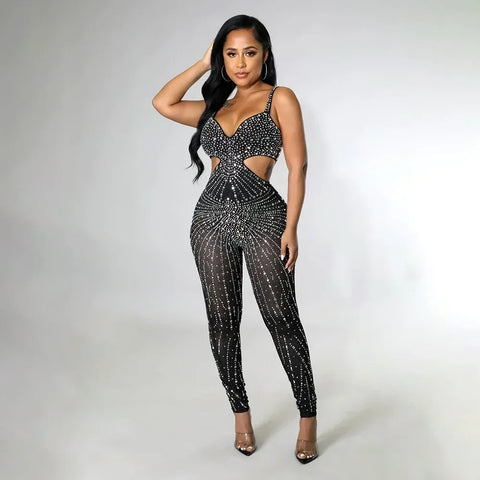 Gramercy Park Fashion Sexy Mesh Perspective Hot Drill Sleeveless Halter Jumpsuit