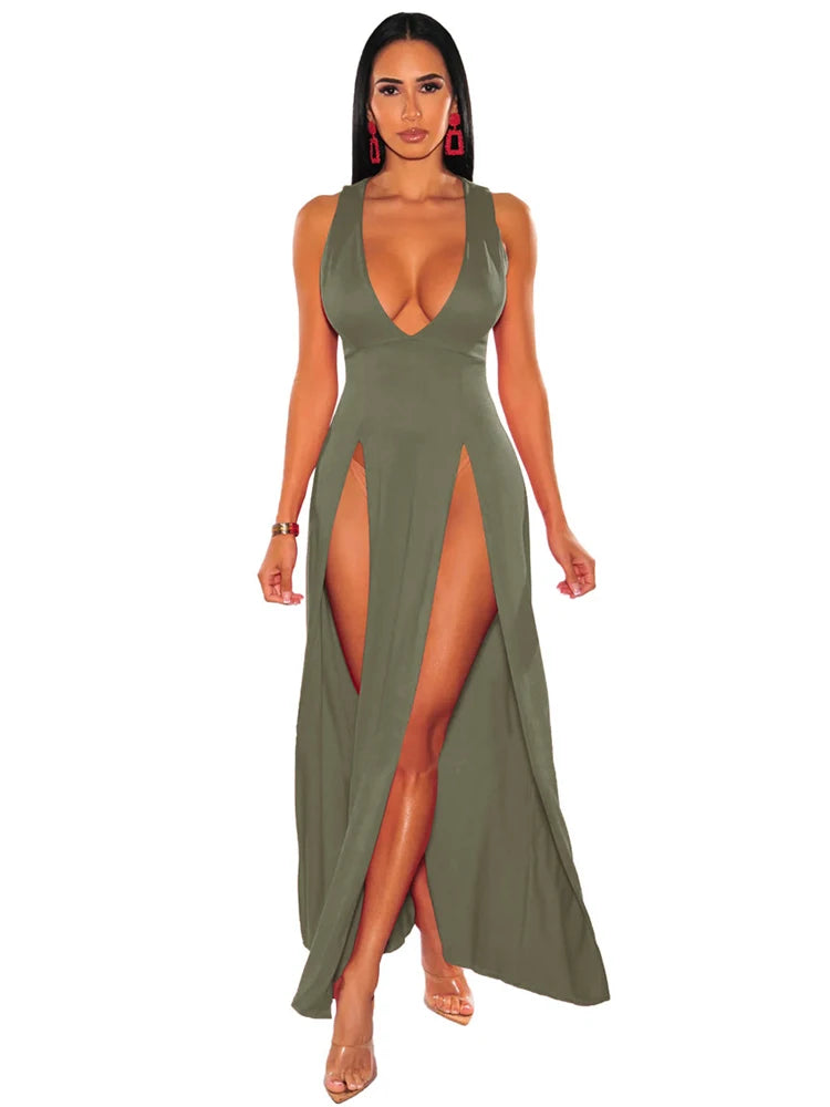 Byram Sexy Deep V Neck High Split Bodycon Cocktail Party Maxi Dress