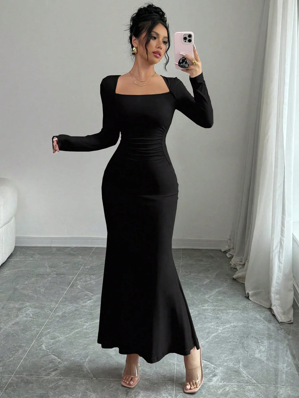 Nisao Four Seasons New Style Elegant Temperament Retro Solid Color Square Long Dress