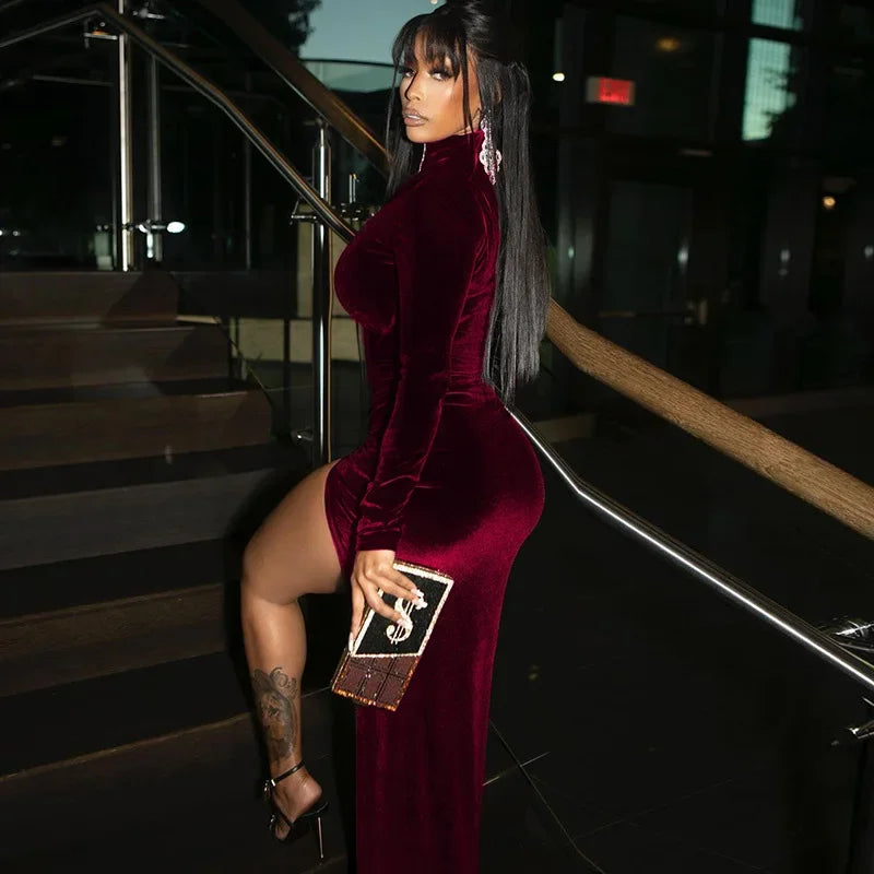 Dakota Style High Necked Long Sleeved Velvet Slim Pleated Slit Dress