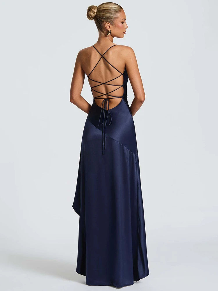 Haverstraw Satin Spaghetti Strap Ruffle Sexy Off-shoulder Sleeveless Backless Maxi Dress