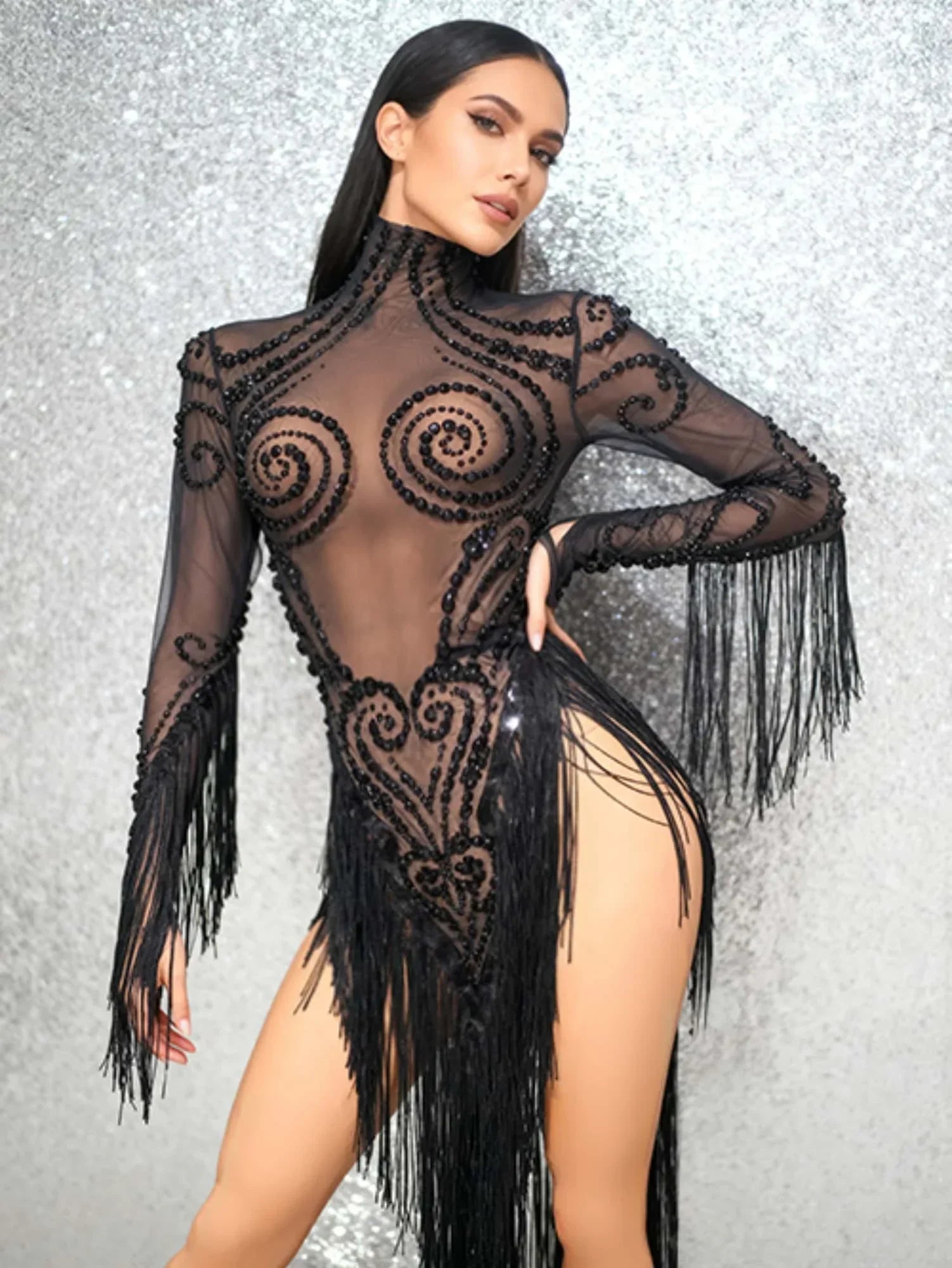 Carbondale Sparkly Rhinestone Tassel See Through Mesh Mini Dress
