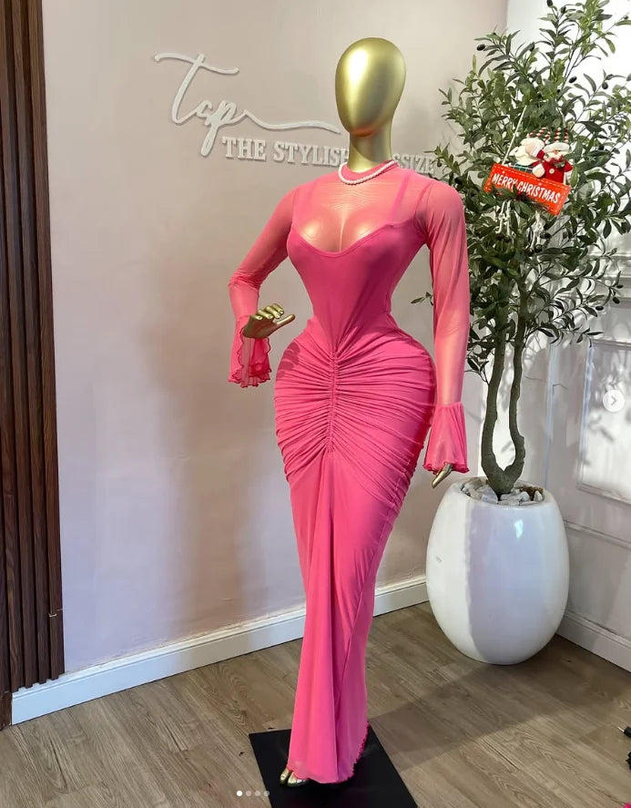 Aurora Flare Long Sleeve O Neck Ruched Mermaid Long Maxi Dress