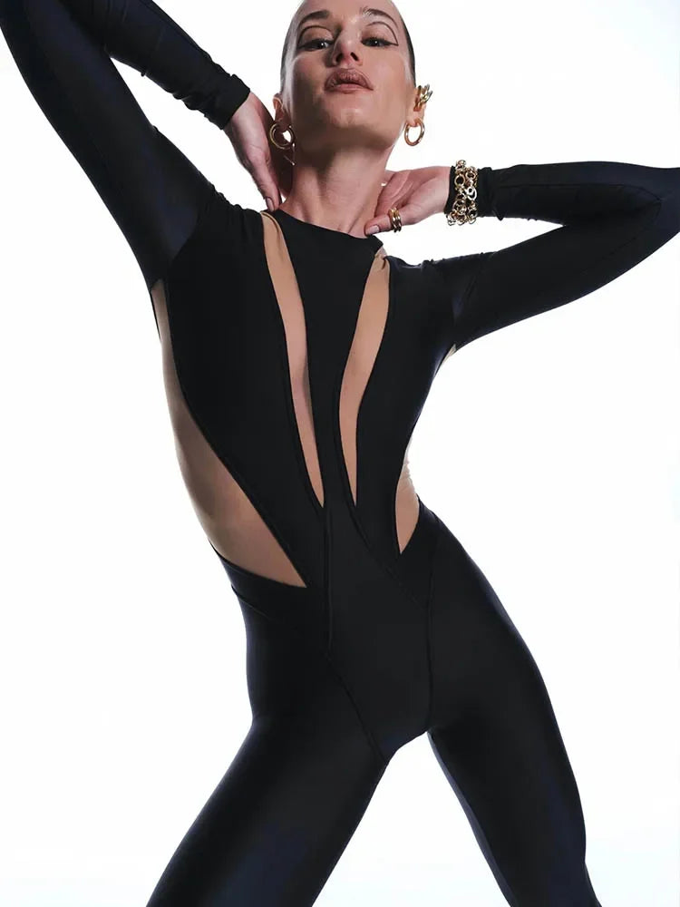 Auburn Hills Sexy Mesh Patchwork Jumpsuits Fashion O Neck Long Sleeve
