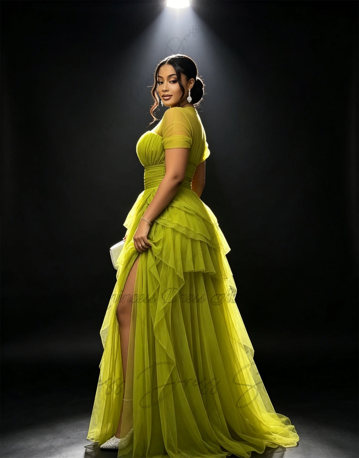 Bani Elegant Pleats Tulle Split Long Evening Gowns Birthday Party Dress