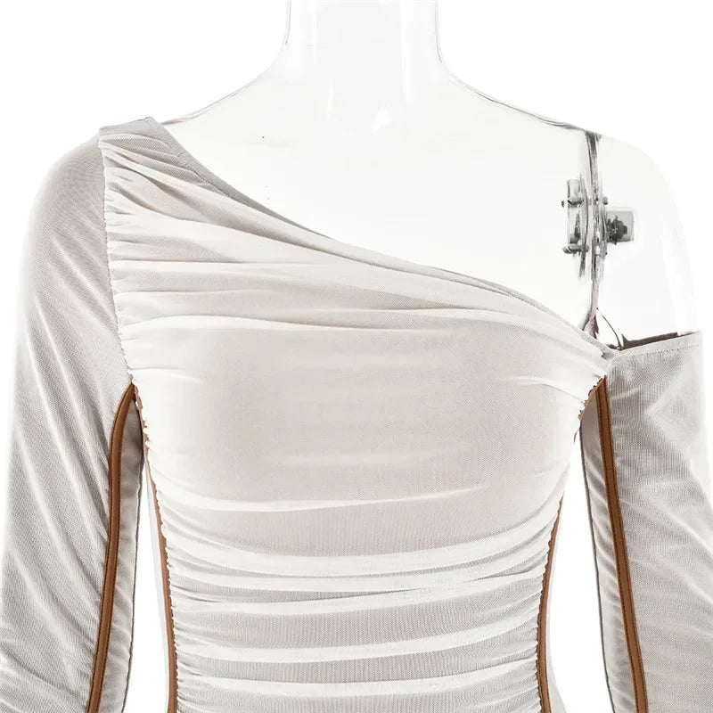Dyker Heights Diagonal Collar Long Sleeve Mesh Backless Ruched Bodycon Midi Dress