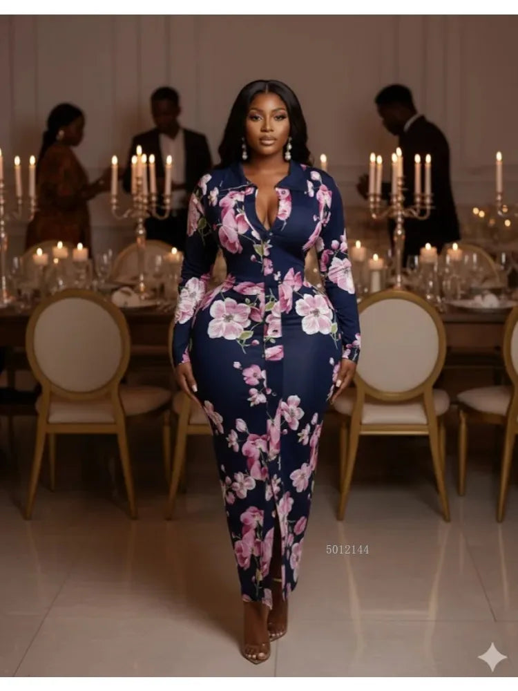 Full Sleeve Floral Print Bodycon Elegant Long Dress