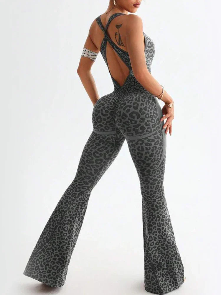 Reading Leopard Sportwear Sleeveless Backless Flare Jumpsuits
