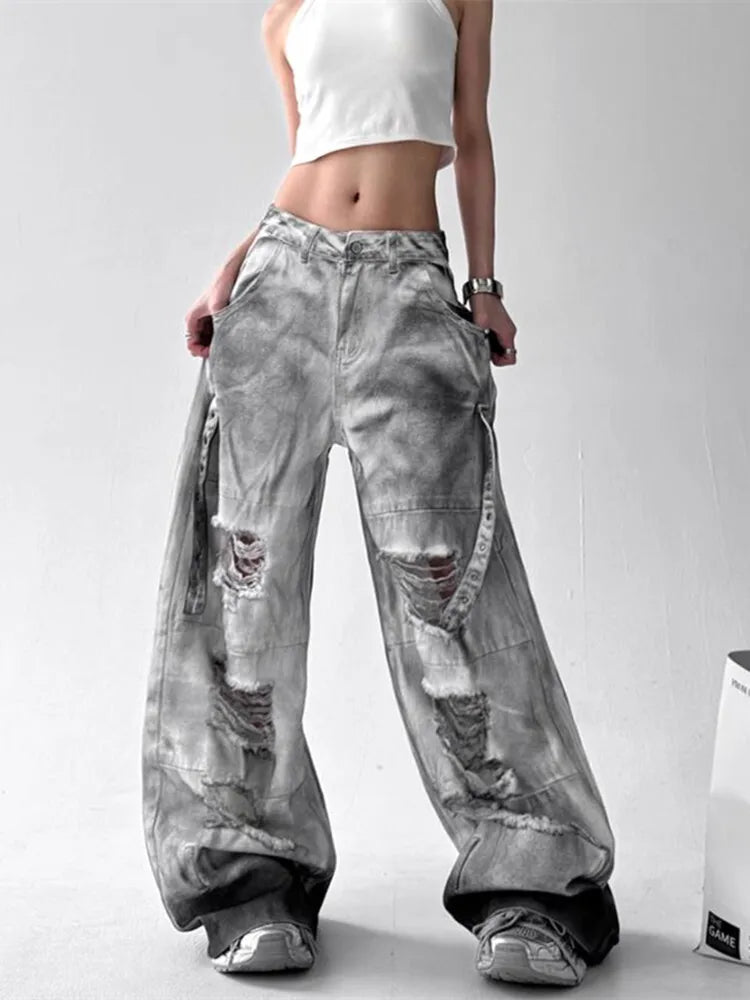 Jeans American High Street Ripped Straight Wide-Leg Jeans For Women Design